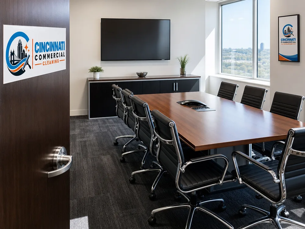 Well-lit conference room with freshly vacuumed carpet, a wiped table, and neatly arranged chairs