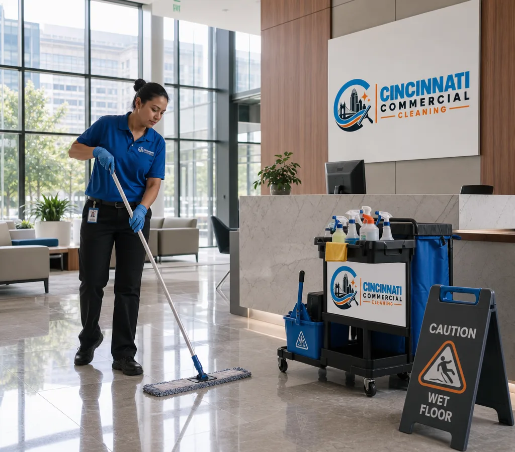 Professional cleaner performing daytime janitorial work in a modern Cincinnati office lobby with organized supplies and floor signage